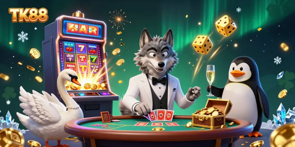 Experience luxury gaming with TK88, featuring a glamorous scene of unique casino characters and vibrant slot machines.