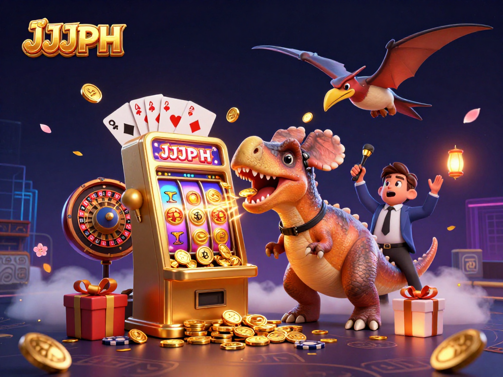 Ang JJJPH ay nagpapakita ng isang cartoon na pachycephalosaurus na binangga ang slot machine upang makakuha ng jackpot coins sa isang casino scene.