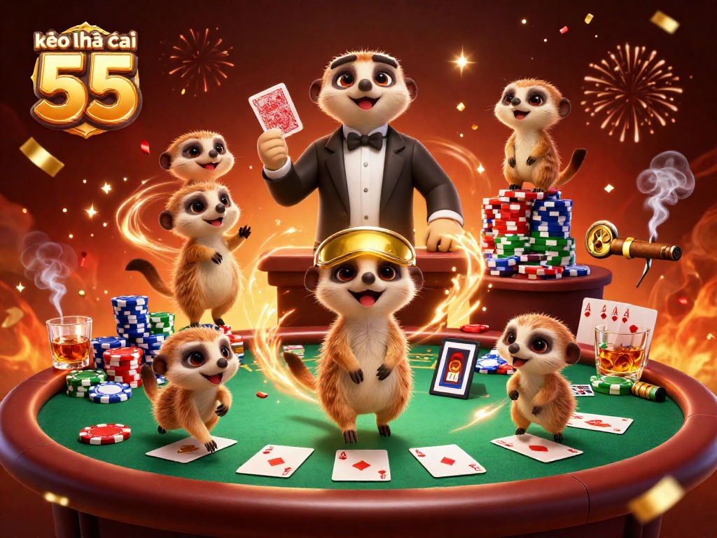 Experience the excitement of kèo nhà cái 55 in a lively casino scene with meerkats mastering the game.