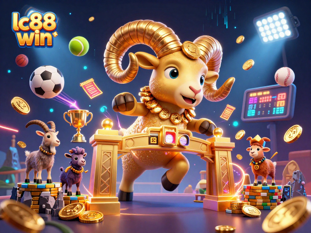 Experience thrilling wins with lc88 win in this vibrant 3D cartoon casino scene packed with sports elements.