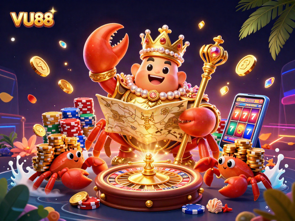 Experience the vibrant gambling scene with VU88 featuring a golden crab emperor and treasure elements.