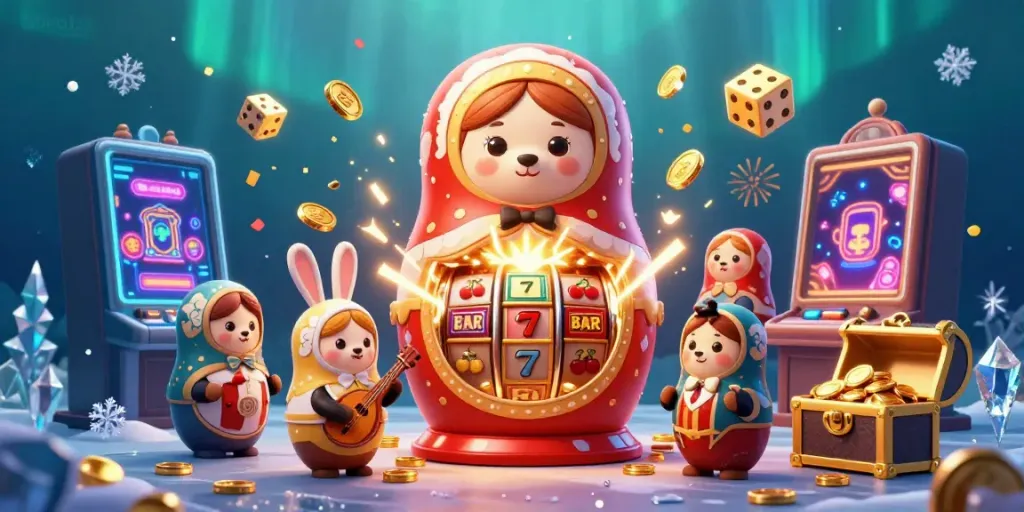 Experience thrilling wins with bro138 through vibrant casino action, featuring colorful slot machines and festive characters.