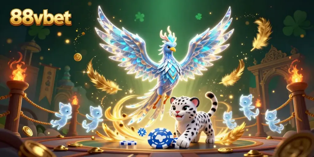 Bet on 88vbet with the dazzling ice phoenix and playful snow leopard in a vibrant casino scene.