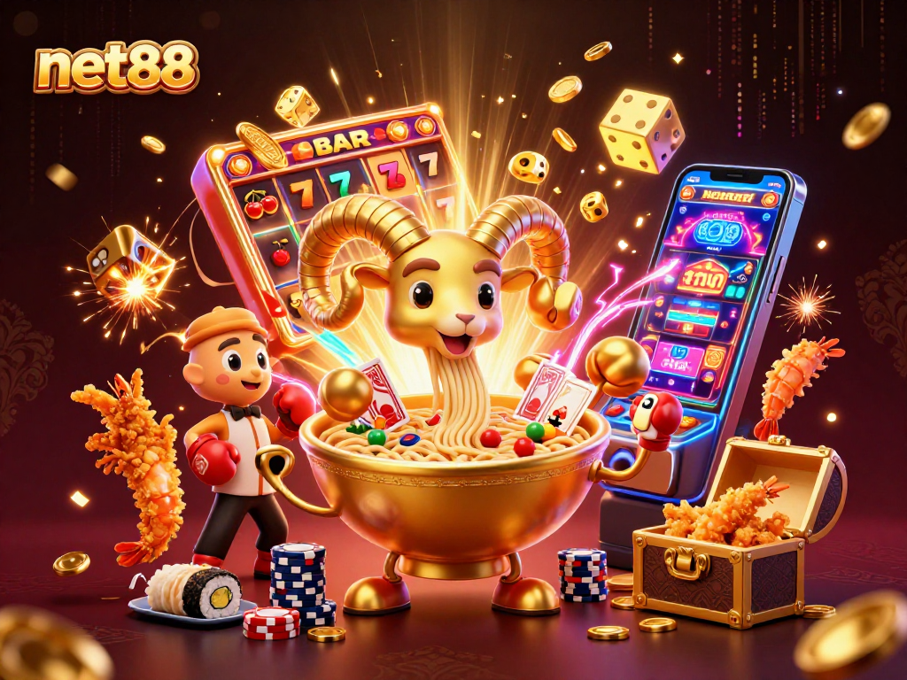 Experience excitement with net88 in a vibrant, action-packed casino scene featuring quirky characters.