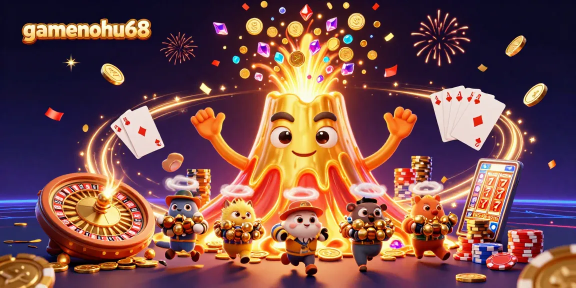 Experience big wins at gamenohu68 as golden treasures erupt from a volcano with thrilling casino elements.