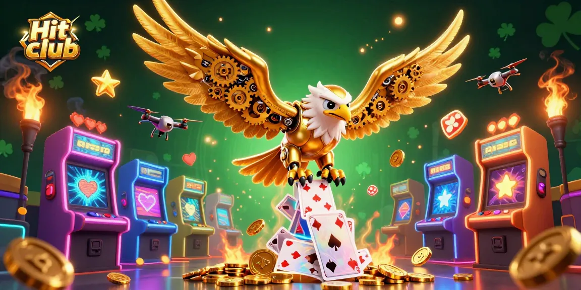 Engage with the Hit club gaming scene featuring a cybernetic eagle amidst arcade elements.