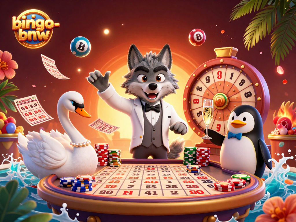 A lively scene of bingo-bnw with a debonair wolf, elegant swan, and penguin highlighting festive game elements.