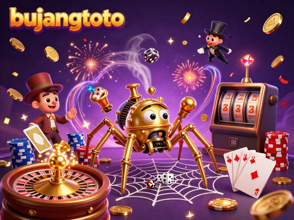 Engage in thrilling gameplay at bujangtoto with a vibrant 3D casino illustration featuring steampunk elements.