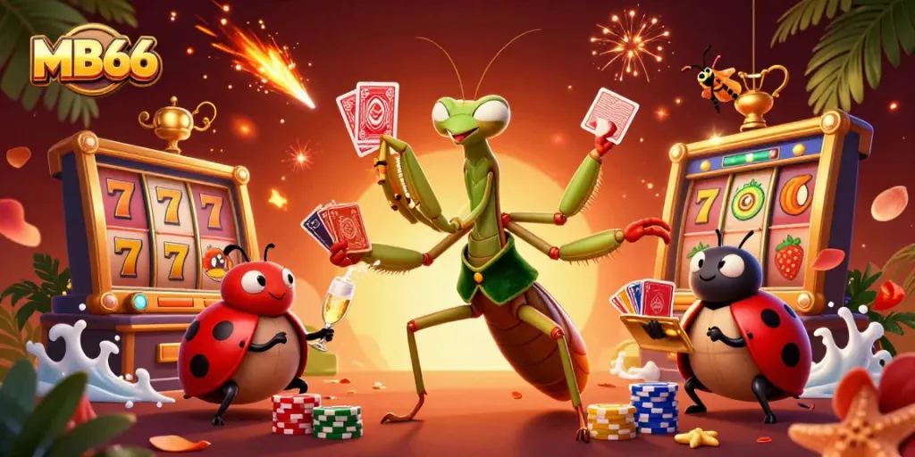 Spin the reels with MB66 as a giant praying mantis card sharp entertains in a vibrant casino scene.