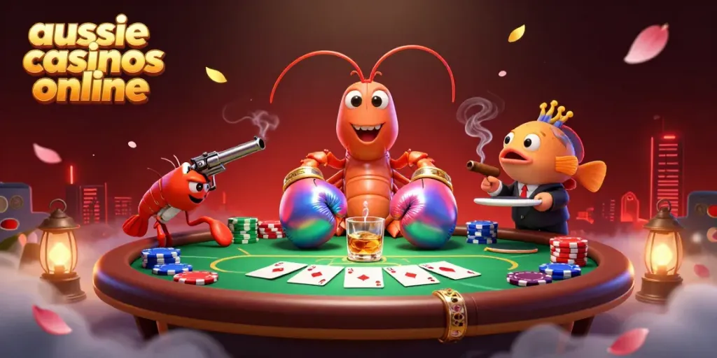 A dynamic illustration of Aussie casinos online showcases vibrant poker elements and animated marine characters.