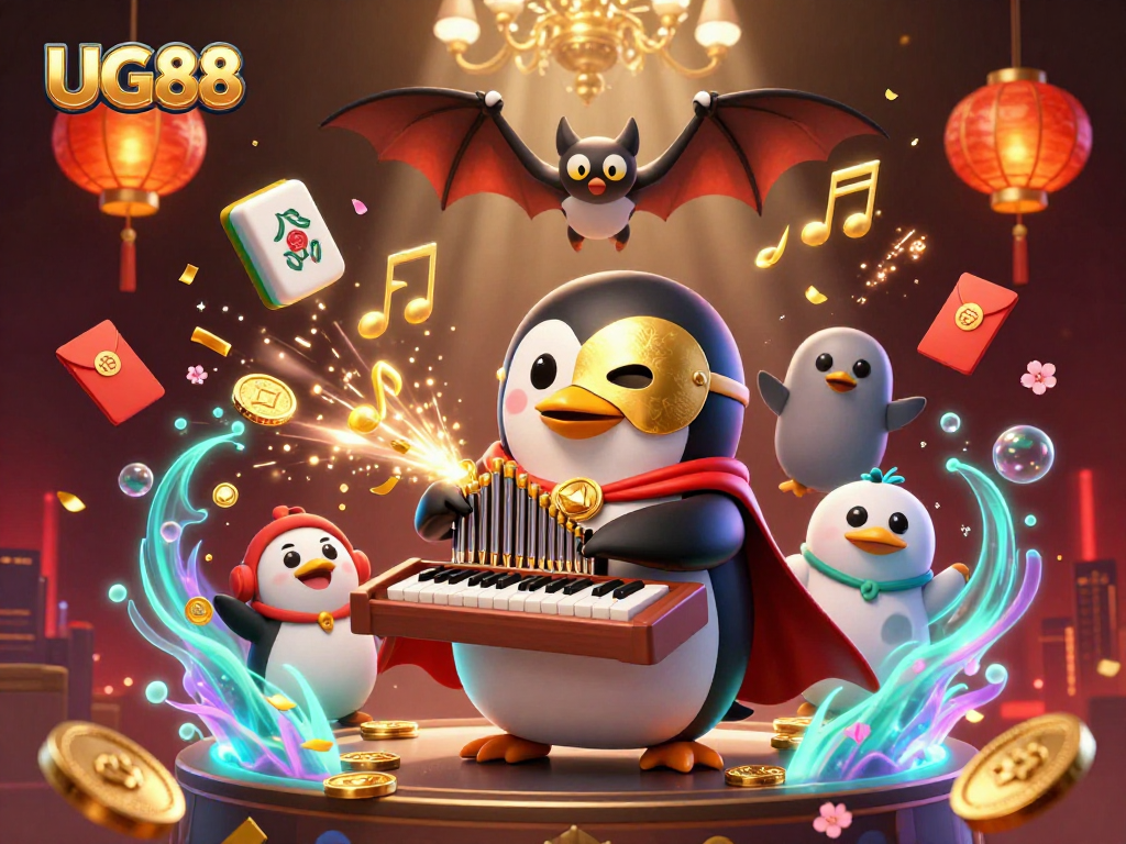 Experience the excitement of UG88 with a vibrant casino scene featuring a cartoon penguin and golden musical notes.