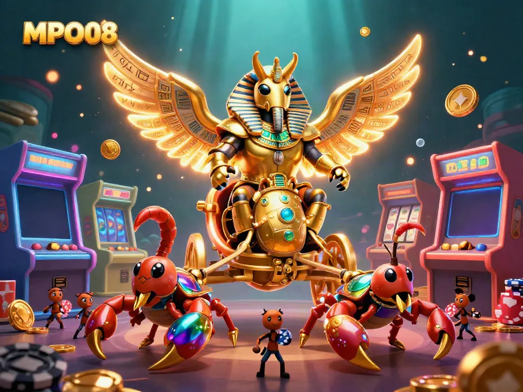 MPO08 features a vibrant, engaging casino-themed illustration with a golden scarab beetle and playful elements.