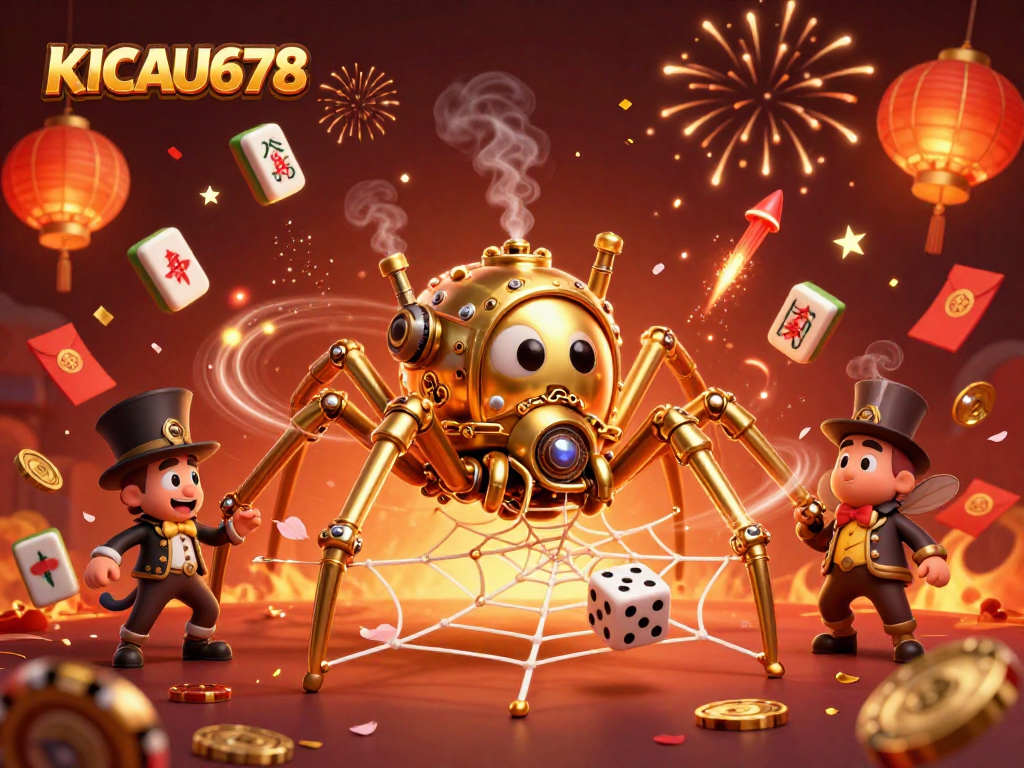 KICAU678 spins luck with a vibrant steampunk spider capturing dice and surrounded by festive casino symbols