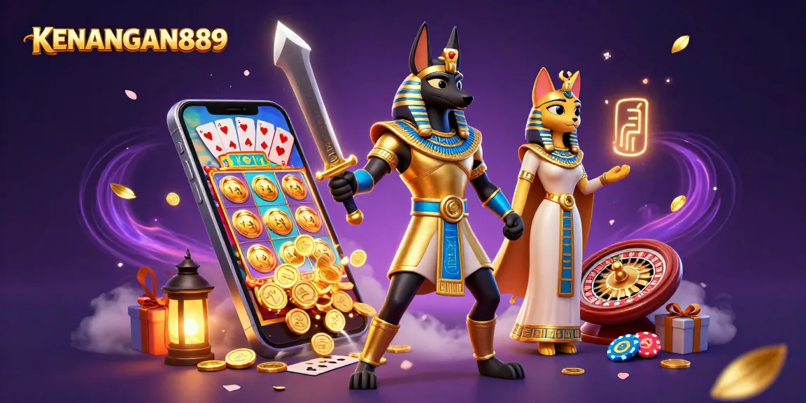 Play slot games with KENANGAN889 featuring Anubis and Bastet in a dynamic 3D scene.