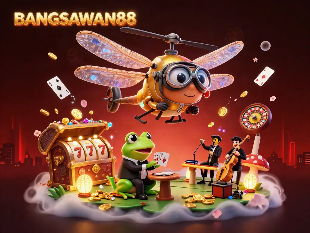 BANGSAWAN88 showcases an engaging dragonfly pilot at a lily pad casino, capturing the spirit of online gambling.