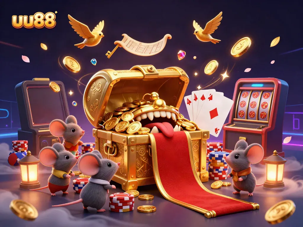 Experience excitement with uu88 amidst treasure, coins, and casino thrills in a vibrant illustration.