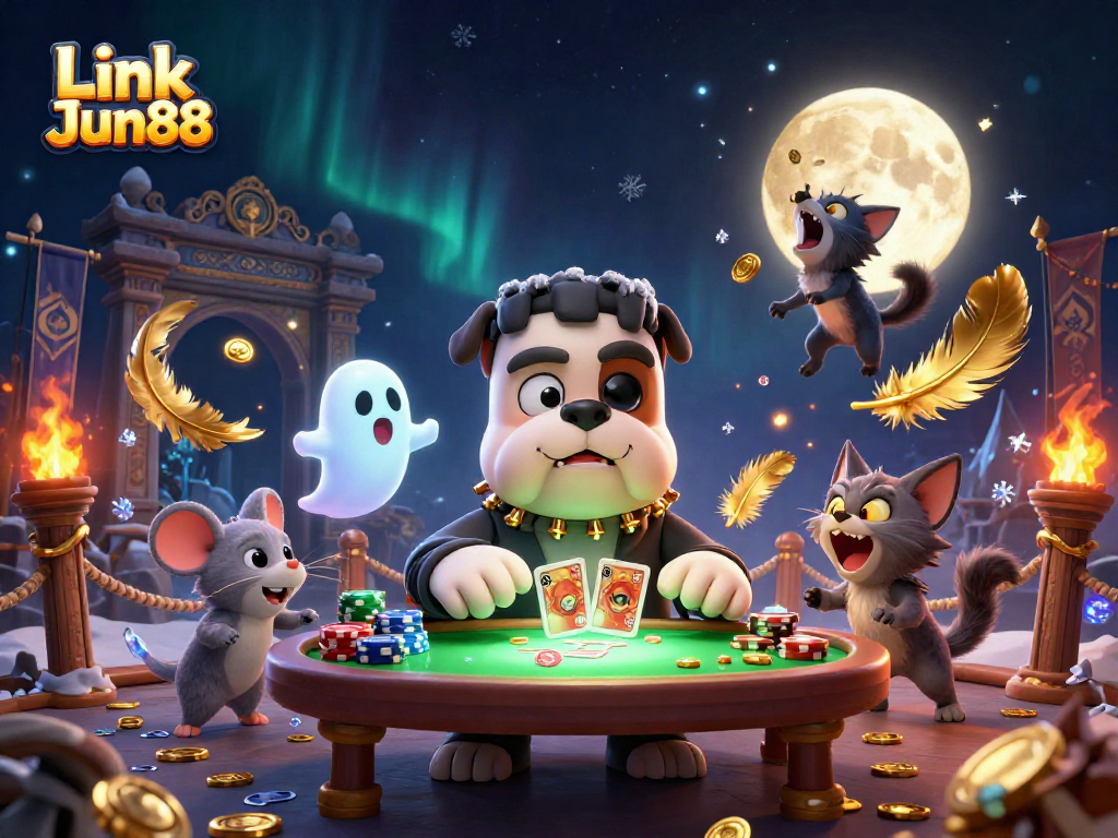 Experience the excitement of Link Jun88 with cartoon characters and casino elements in a thrilling gaming illustration.