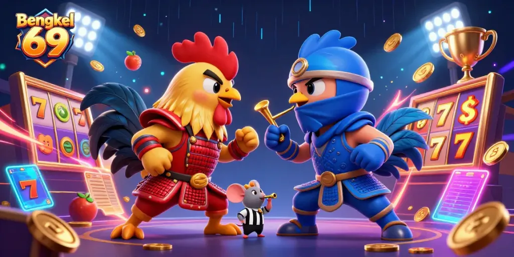 Experience dynamic gameplay with Bengkel 69's vibrant 3D slot featuring battling roosters and slot elements.