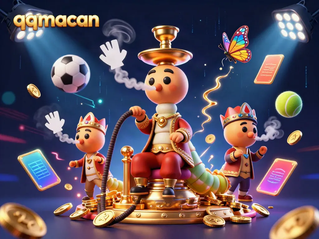 Engage with qqmacan's captivating gaming scene featuring whimsical characters and sports elements.