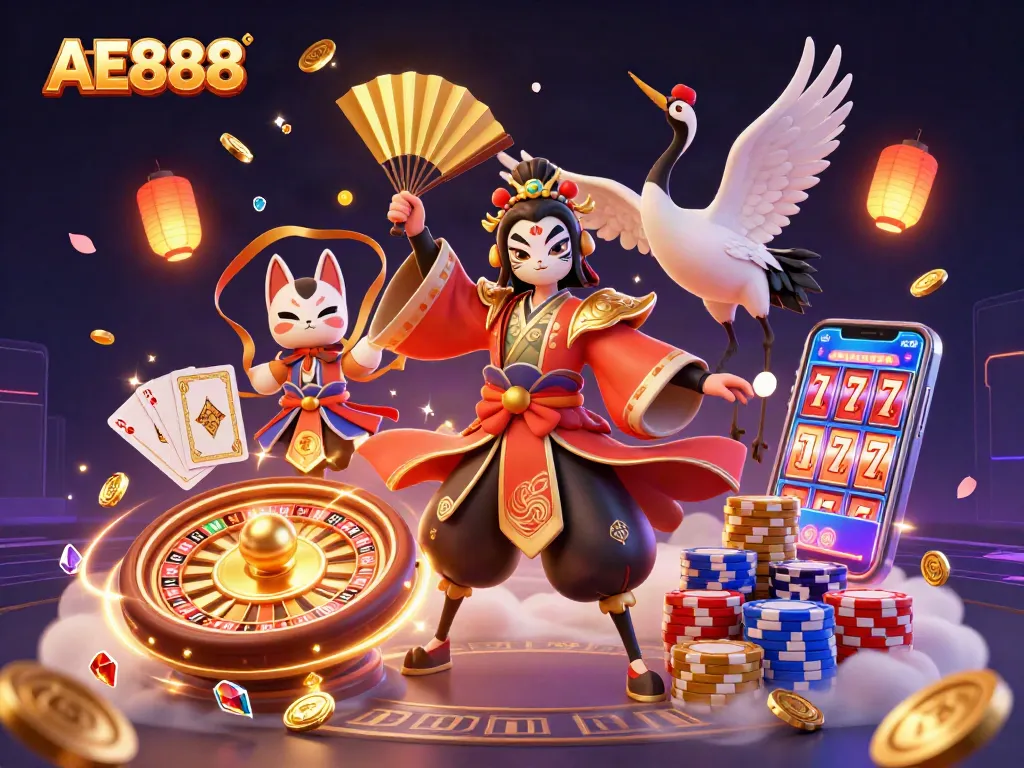 Win big with AE888's vibrant cartoon scene filled with casino elements and exciting gaming atmosphere.