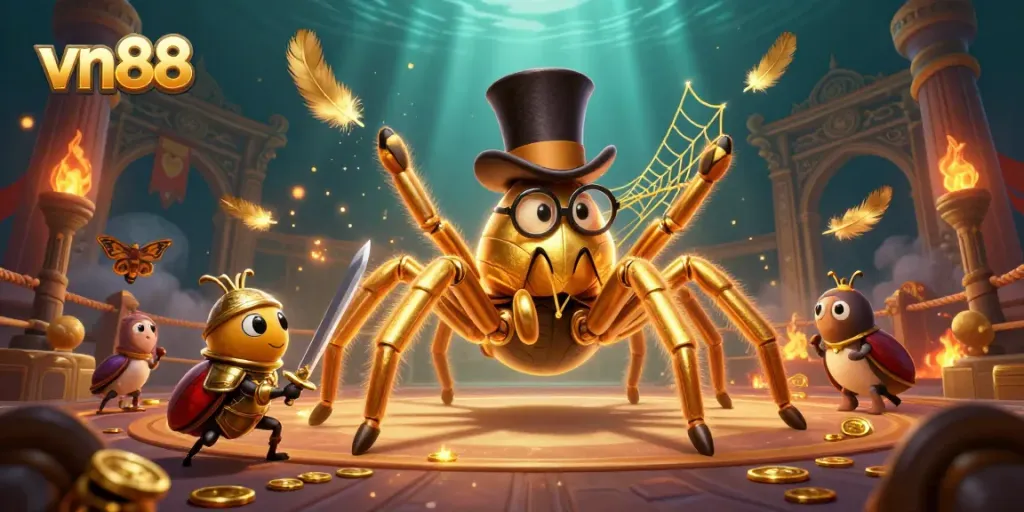 Engaging scene with vn88 gaming elements featuring a golden tarantula, beetle knight, and watching moths