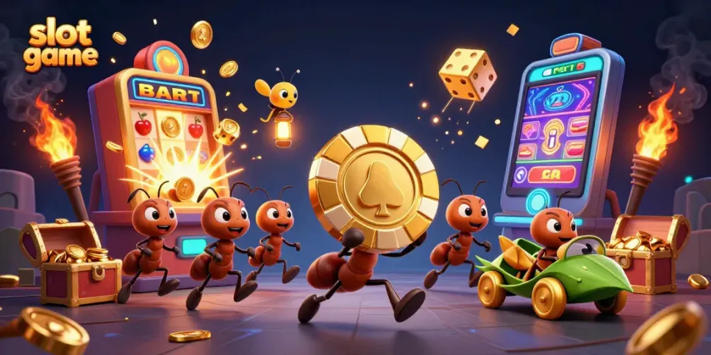 Engaging slot game scene with ants, poker chips, and vibrant jackpot explosion.