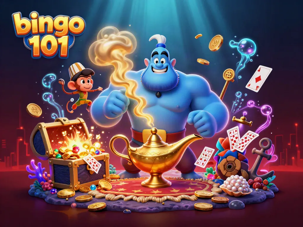 Menghadirkan bingo 101 dengan lampu genie dan karakter berwarna-warni dalam suasana yang meriah.