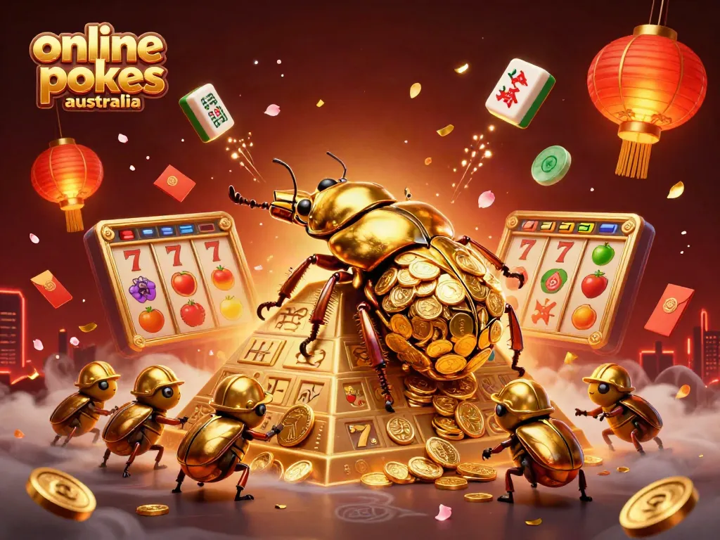 Experience vibrant online pokies in Australia through a dynamic 3D illustration of gold beetles and casino elements.
