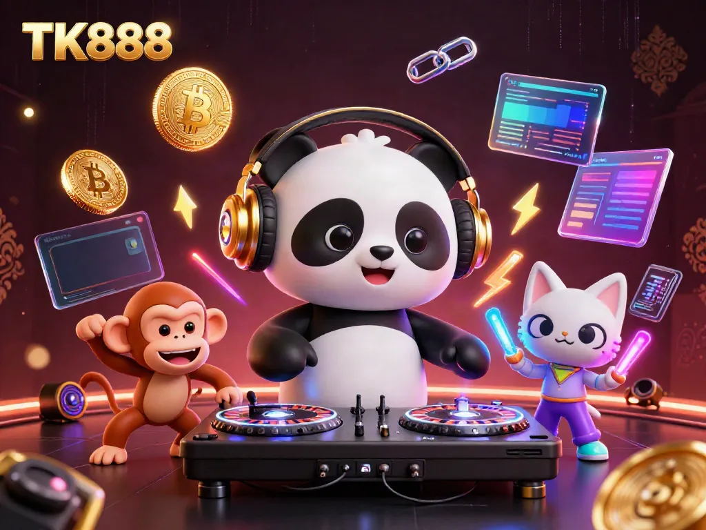 Engaging scene of TK888 casino featuring DJ panda and friends spinning and dancing amidst vibrant crypto elements.