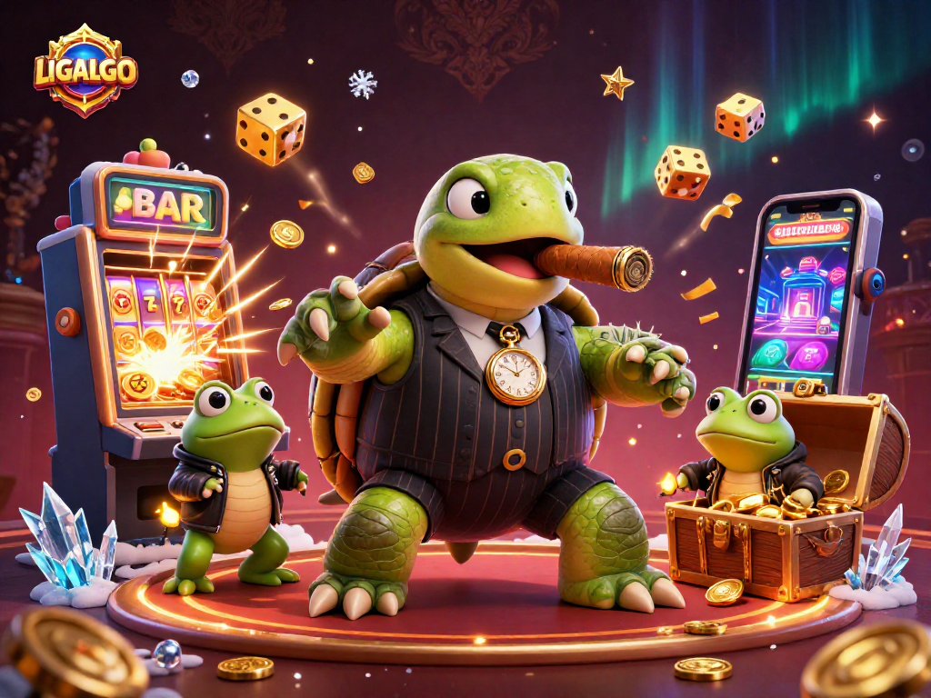 LIGALGO showcases a vibrant illustration of a cartoon turtle mobster amidst slot machines, capturing casino excitement.