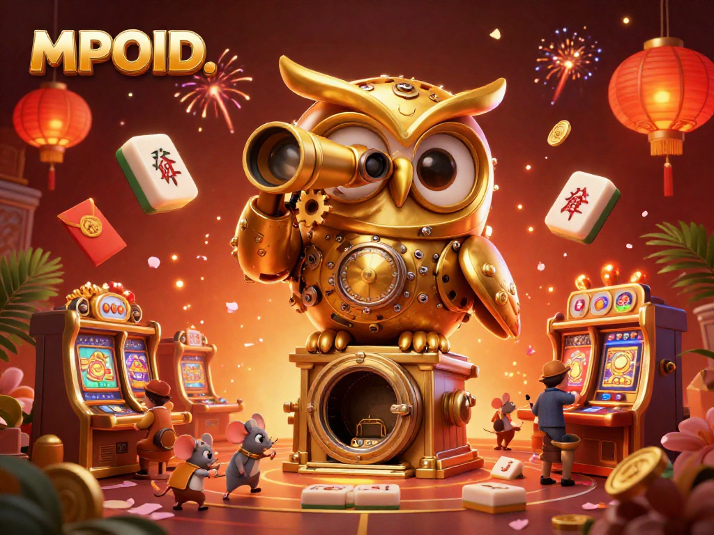 MPOID presents a lively casino scene with a golden clockwork owl, vibrant slot machines, and interactive game elements for an immersive experience.