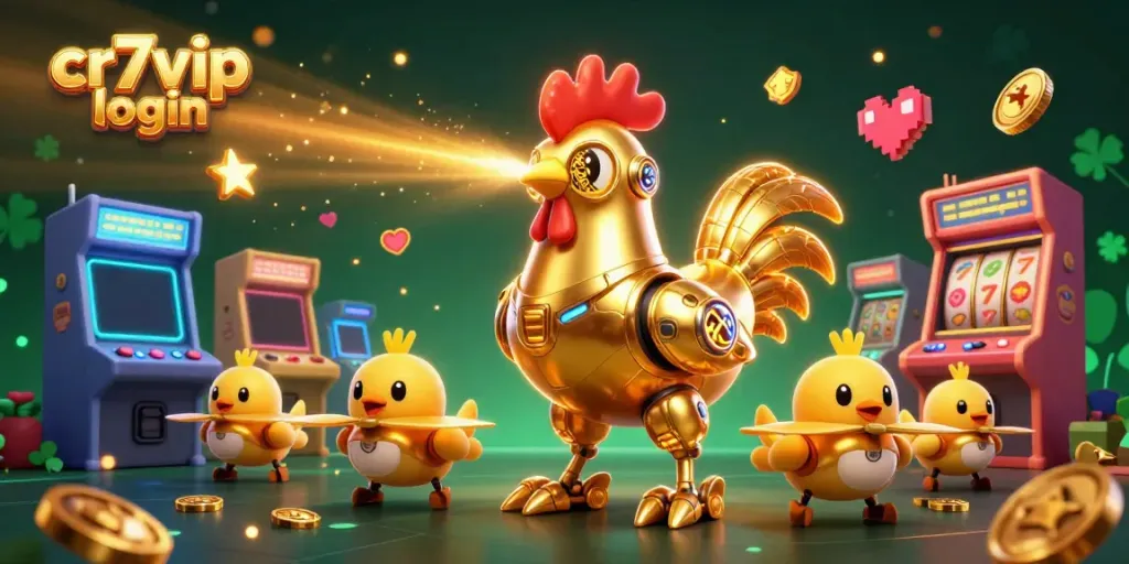 Gambarkan proses masuk cr7vip login dengan karakter robot ayam futuristik dalam suasana kasino berwarna.