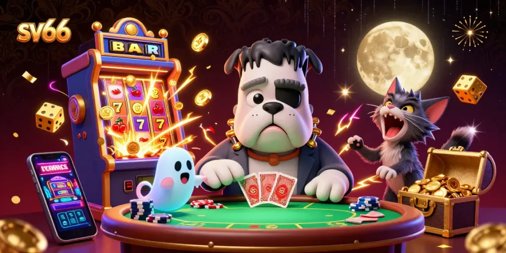 Experience thrilling gameplay at sv66 with a vibrant casino scene featuring quirky characters and rich game elements.