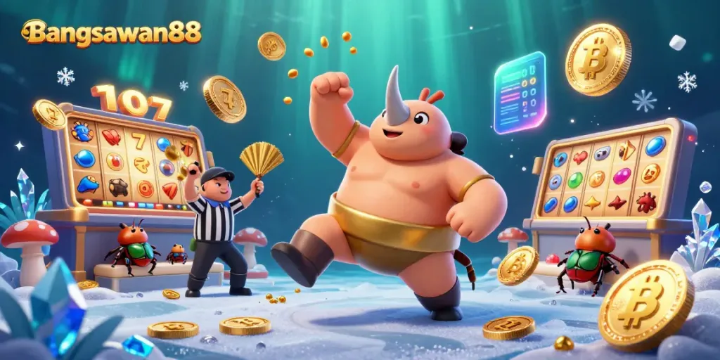 Bangsawan88 showcases an exciting online gaming scene with a beetle sumo champion celebrating a jackpot.