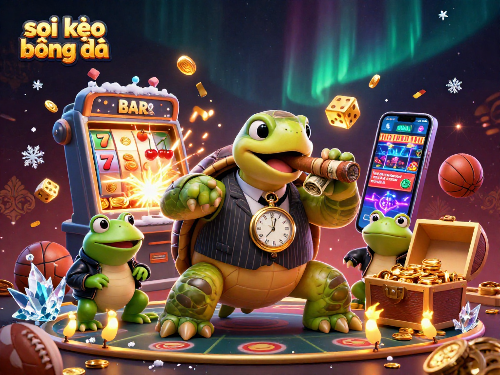 Bet on soi kèo bóng đá with vibrant casino elements featuring a snapping turtle and energetic sports decor.