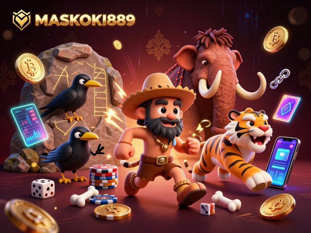 Engage with MASKOKI889 at the prehistoric casino packed with vibrant elements and dynamic crypto visuals.
