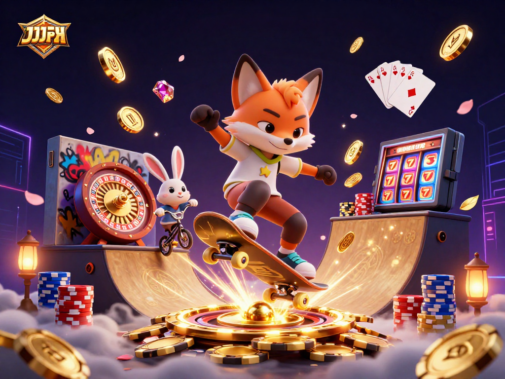 Nanalo ang JJJPH na may 3D cartoon na fox na gumagawa ng kickflip sa isang rampa ng mga gintong poker chips.