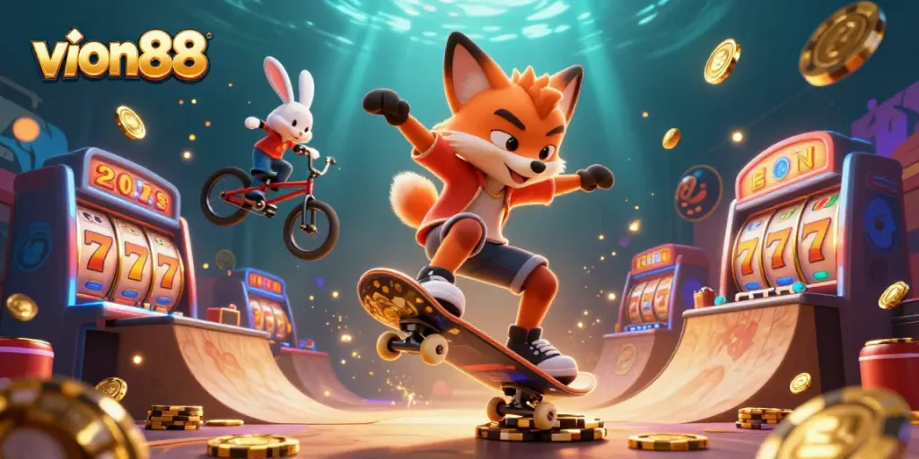 Experience the excitement of vion88 with 3D cartoon characters surrounded by slot reels and casino symbols.