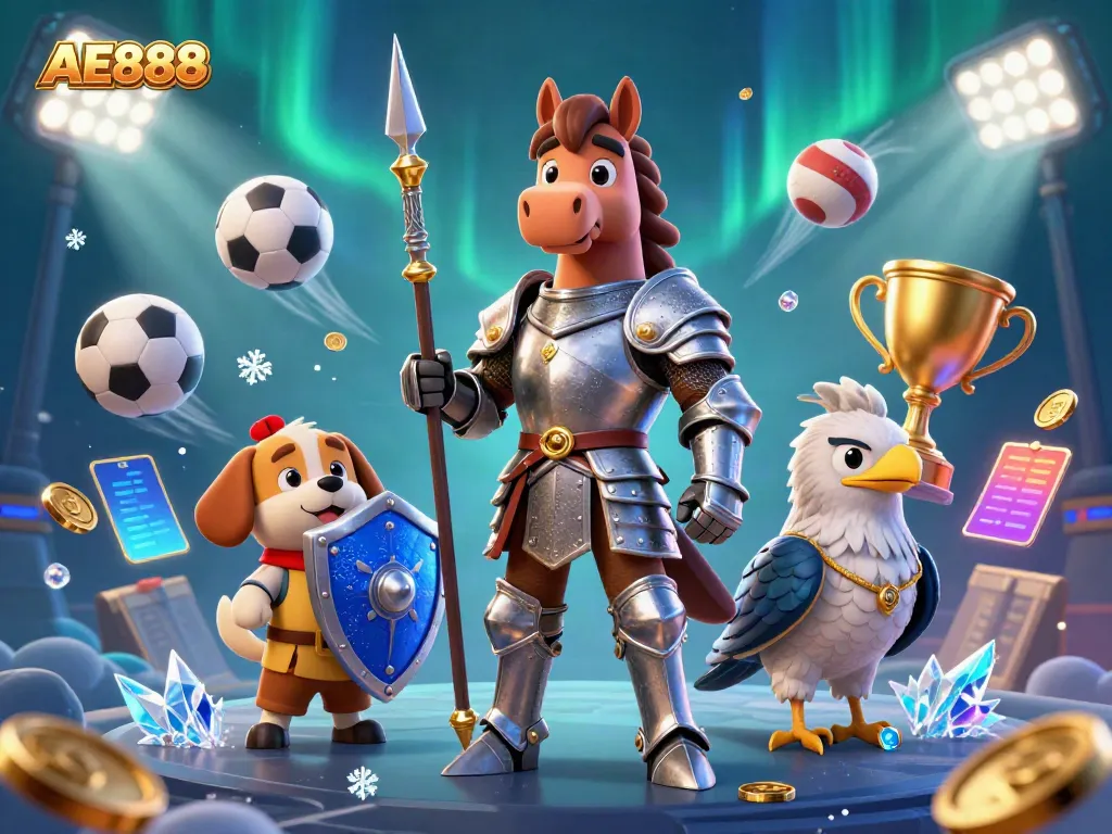 Engage with AE888's vibrant gambling scene featuring knights, sports balls, and casino elements.
