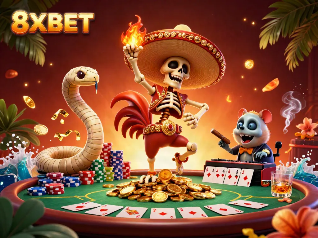 Engage in thrilling gaming experiences with 8XBET's vibrant and dynamic casino scene featuring lively characters.