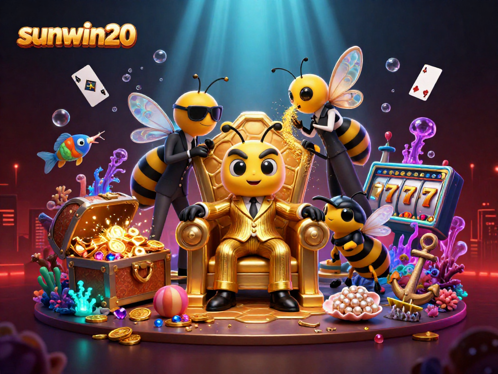 Spin the reels of sunwin20 with vibrant symbols and animated characters in this rich casino illustration.