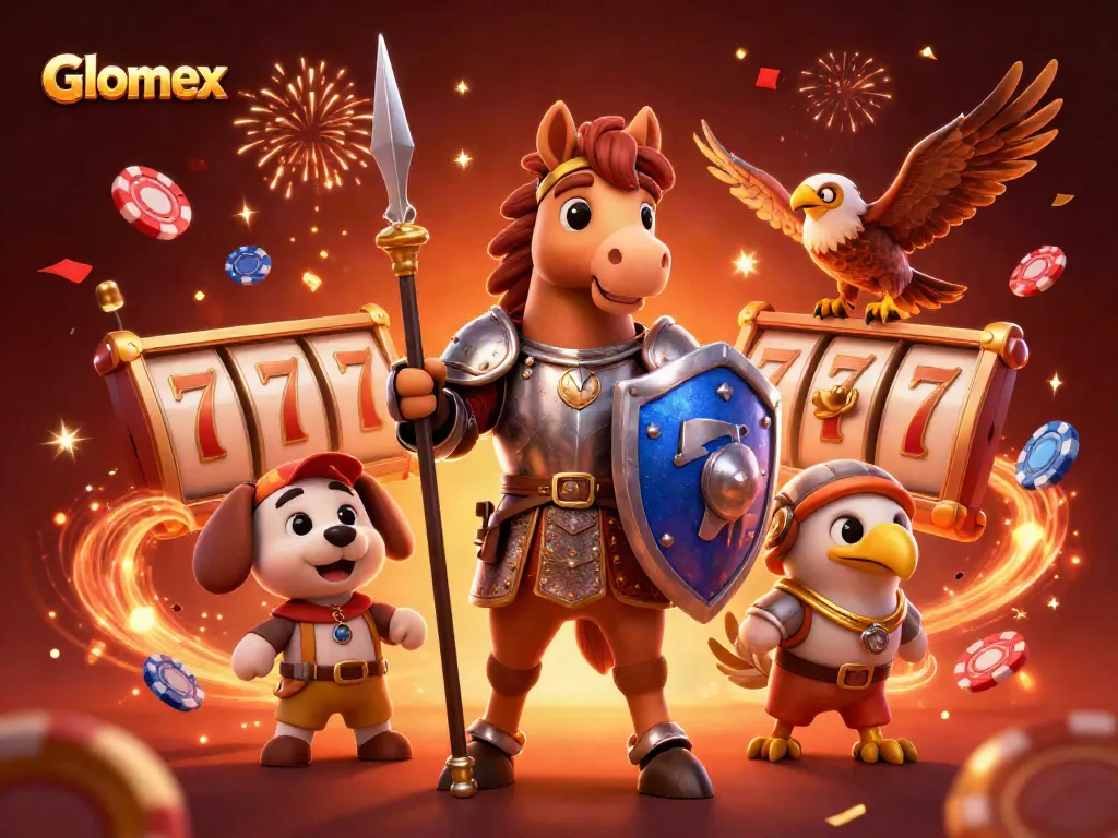 Spin and win with Glomex in this vibrant casino scene featuring knights and festive elements.