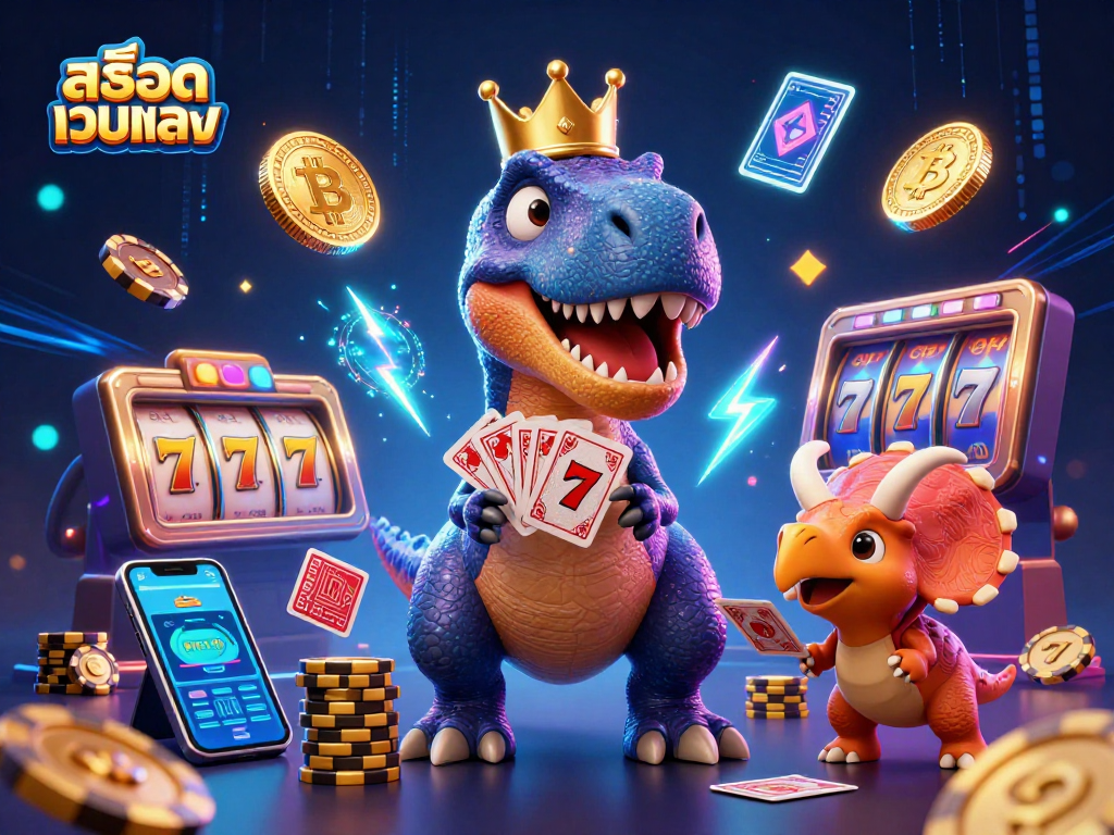 Spin and win on สล็อตเว็บตรง with a playful T-Rex and friends amid vibrant casino elements.
