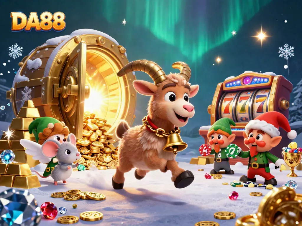 Engage in thrilling casino action with DA88 showcasing Krampus, angel mouse, and gremlins amidst slot machines.