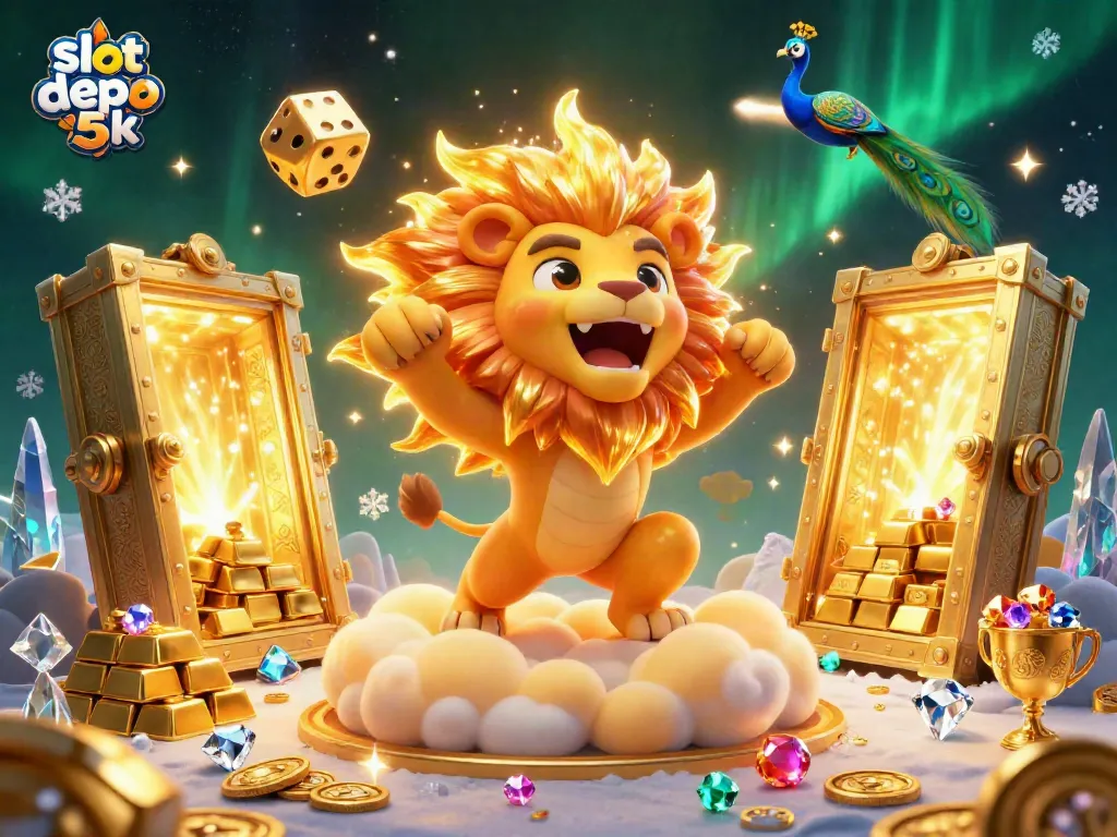 Spin and win with slot depo 5k's vibrant casino illustration showcasing epic treasures and gameplay.