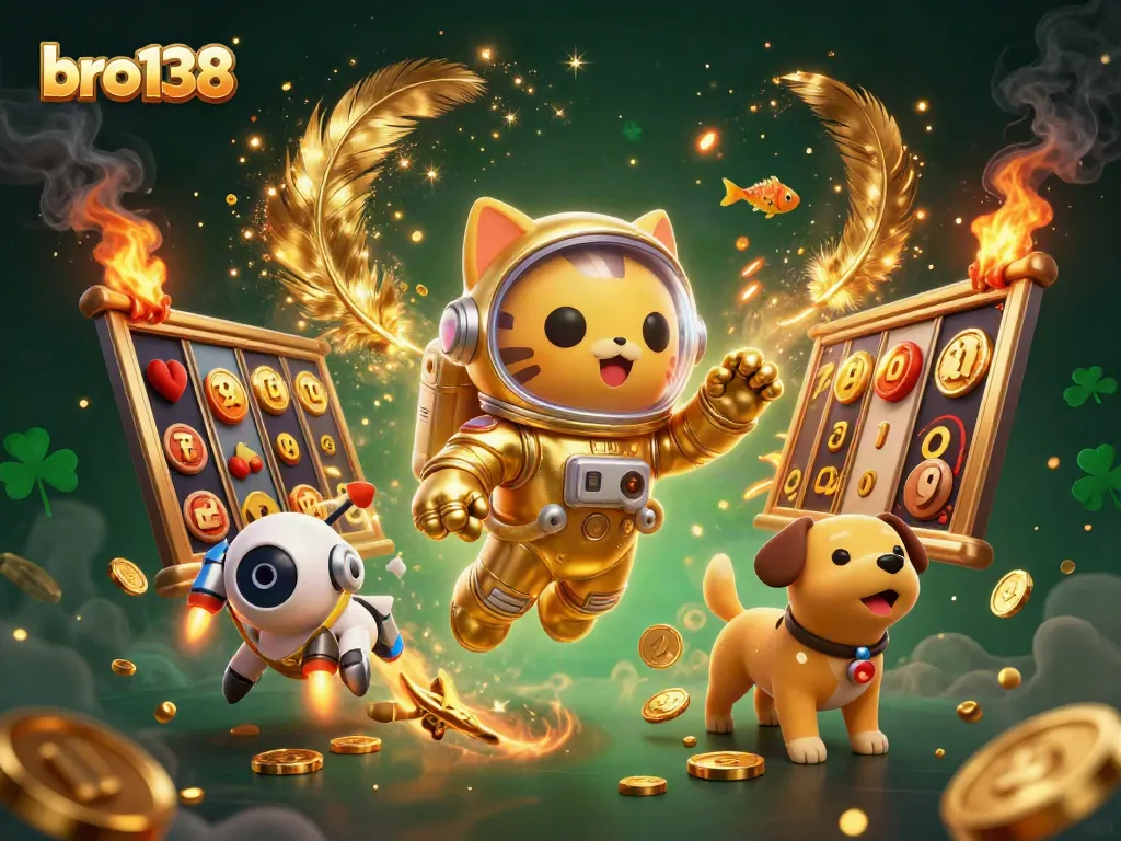 Experience exciting wins at bro138 with 3D cartoon characters in a vibrant casino setting with slot reels.