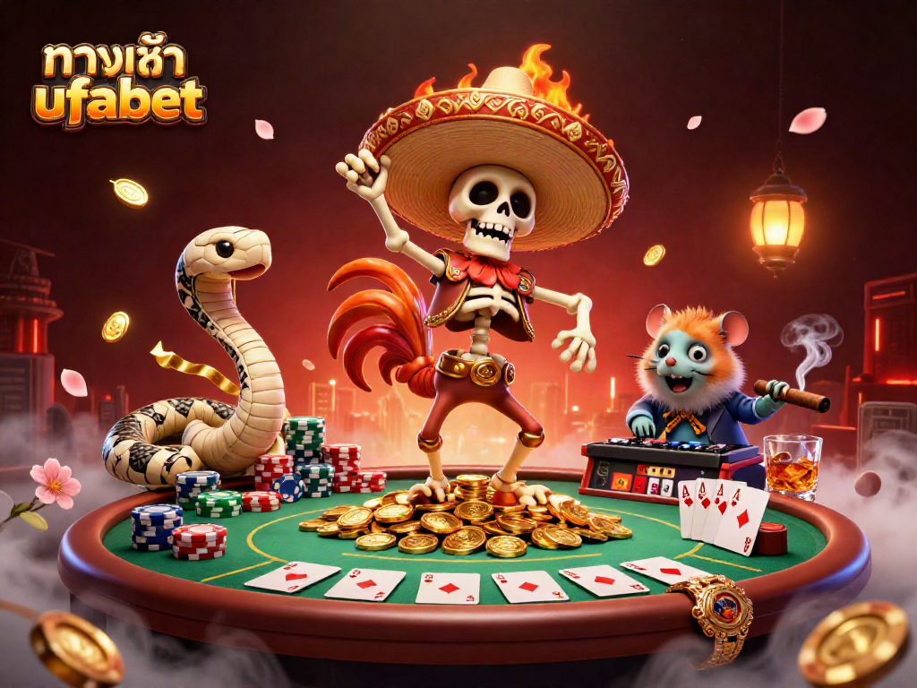 Engage with ทางเข้า ufabet in this vibrant casino scene featuring 3D cartoon characters enjoying poker.
