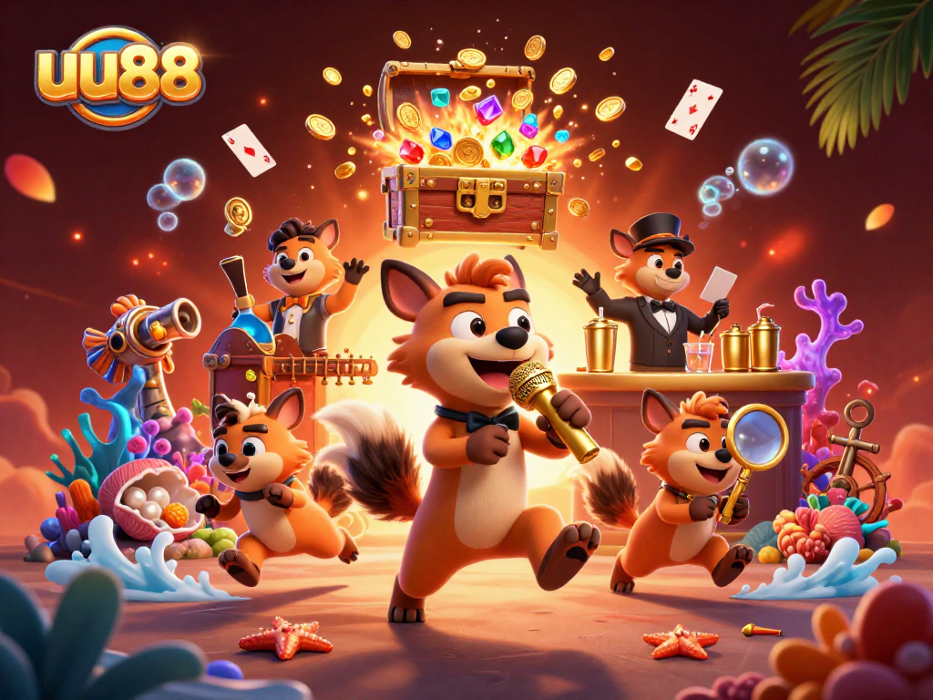 Engage with the vibrant uu88 community in a lively casino scene with hyenas and dynamic gaming elements.