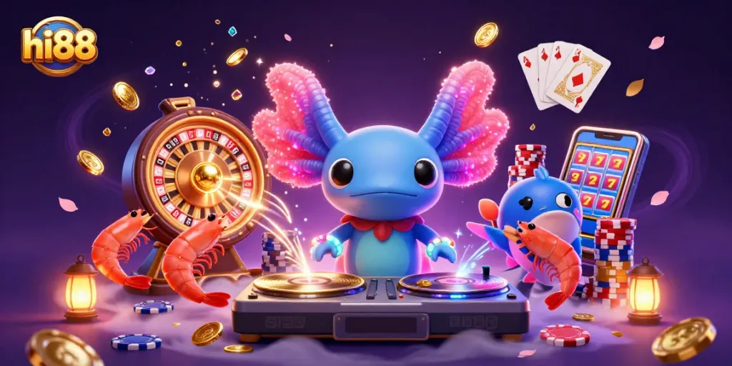 Experience the thrill of play at hi88 with vibrant casino characters amidst golden coins and games.