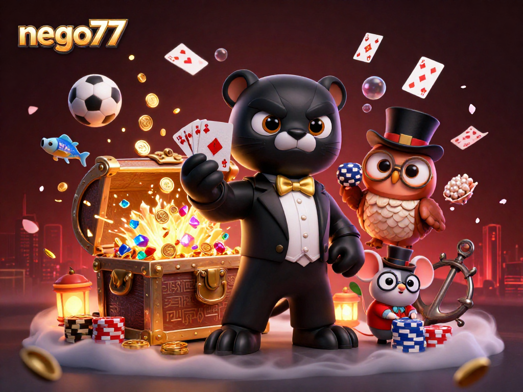 Nego77 sports betting platform illustration showcasing dynamic gambling characters and elements.